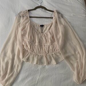 Dynamite Sheer Smocked Peplum Blouse - Light Beige